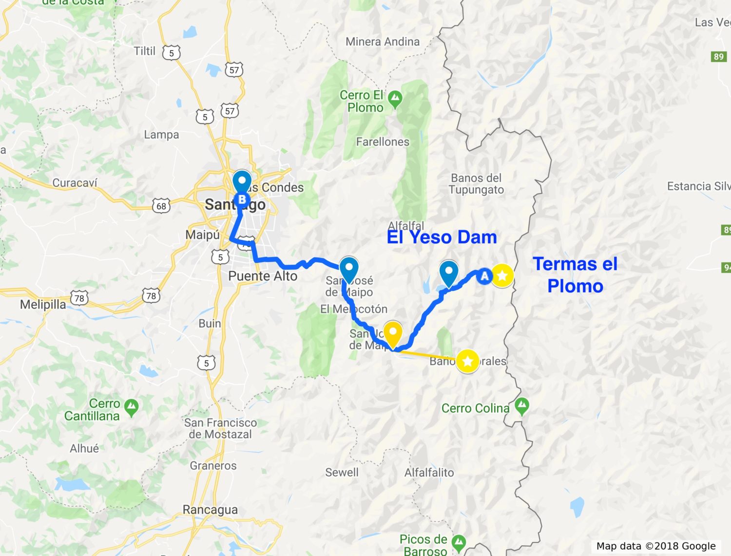 Cajón del Maipo: Route kaart met auto